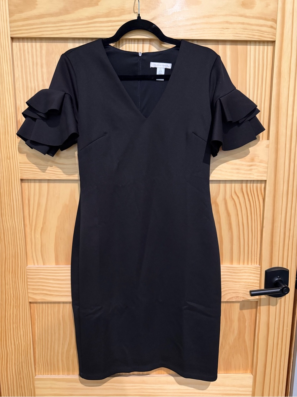 London times Black V-Neck Ruffled Sleeve scuba shift Dress